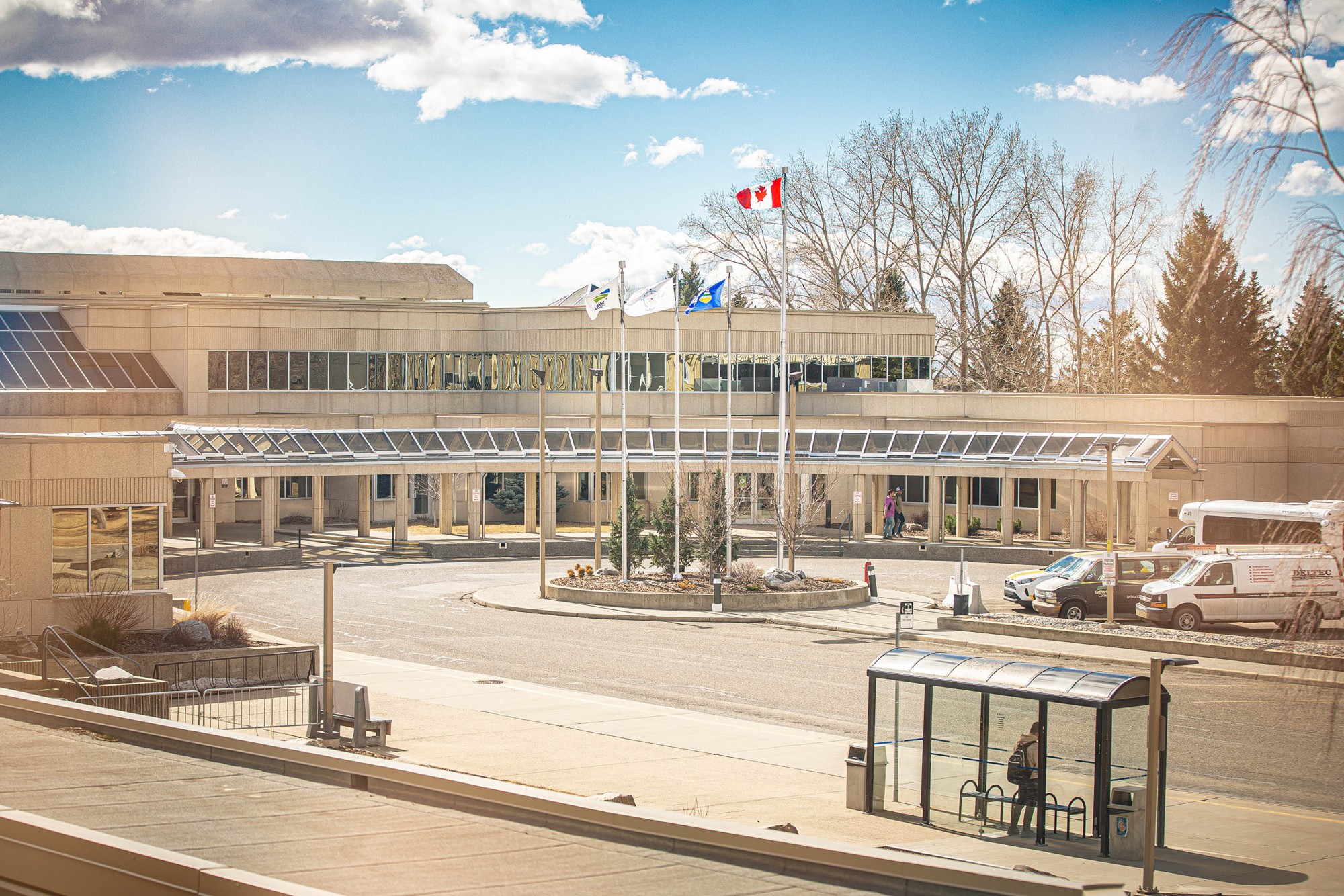 an outside view of Lethbridge College's main entrance and parking loop