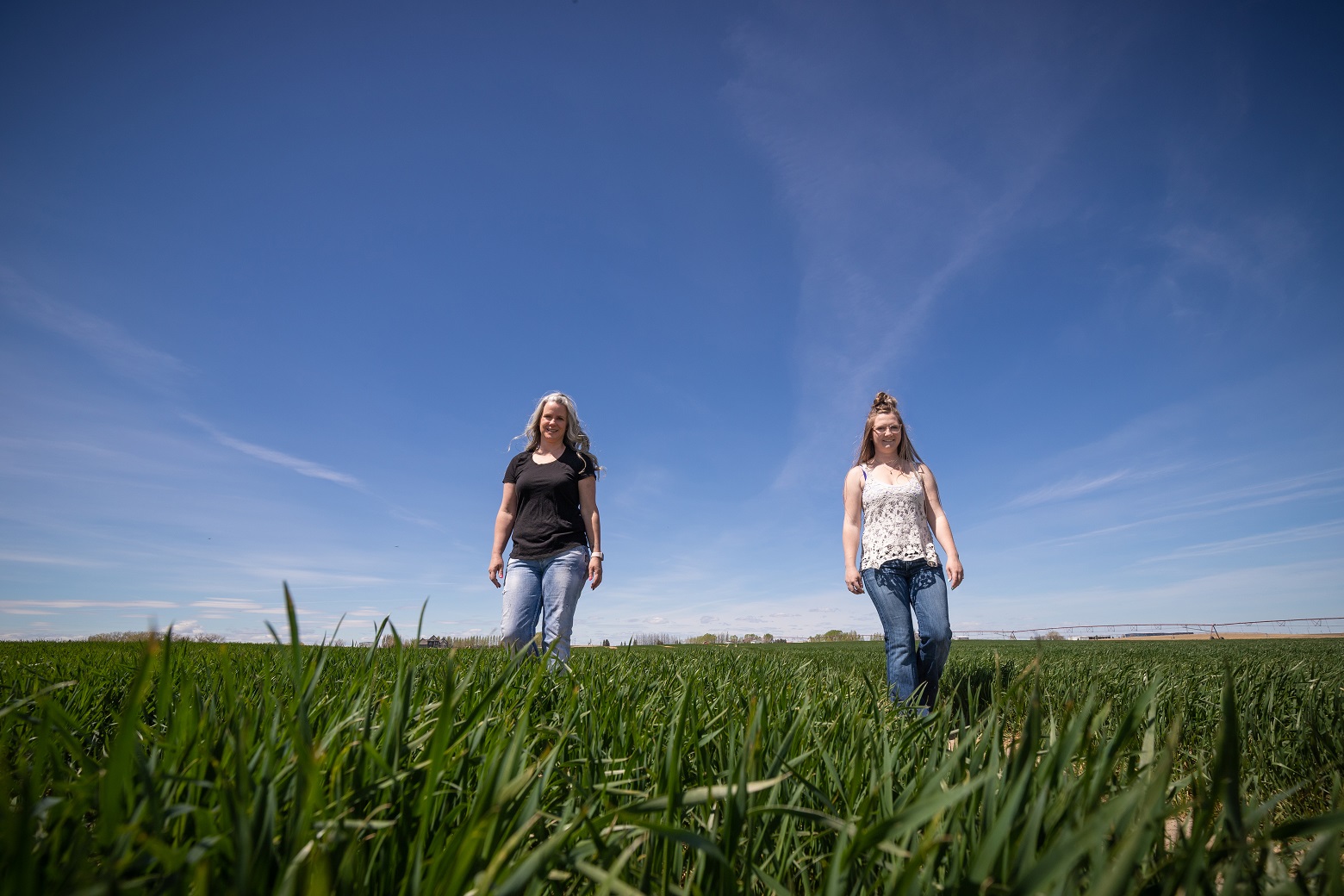 two women walk side by side through a field of winter wheat