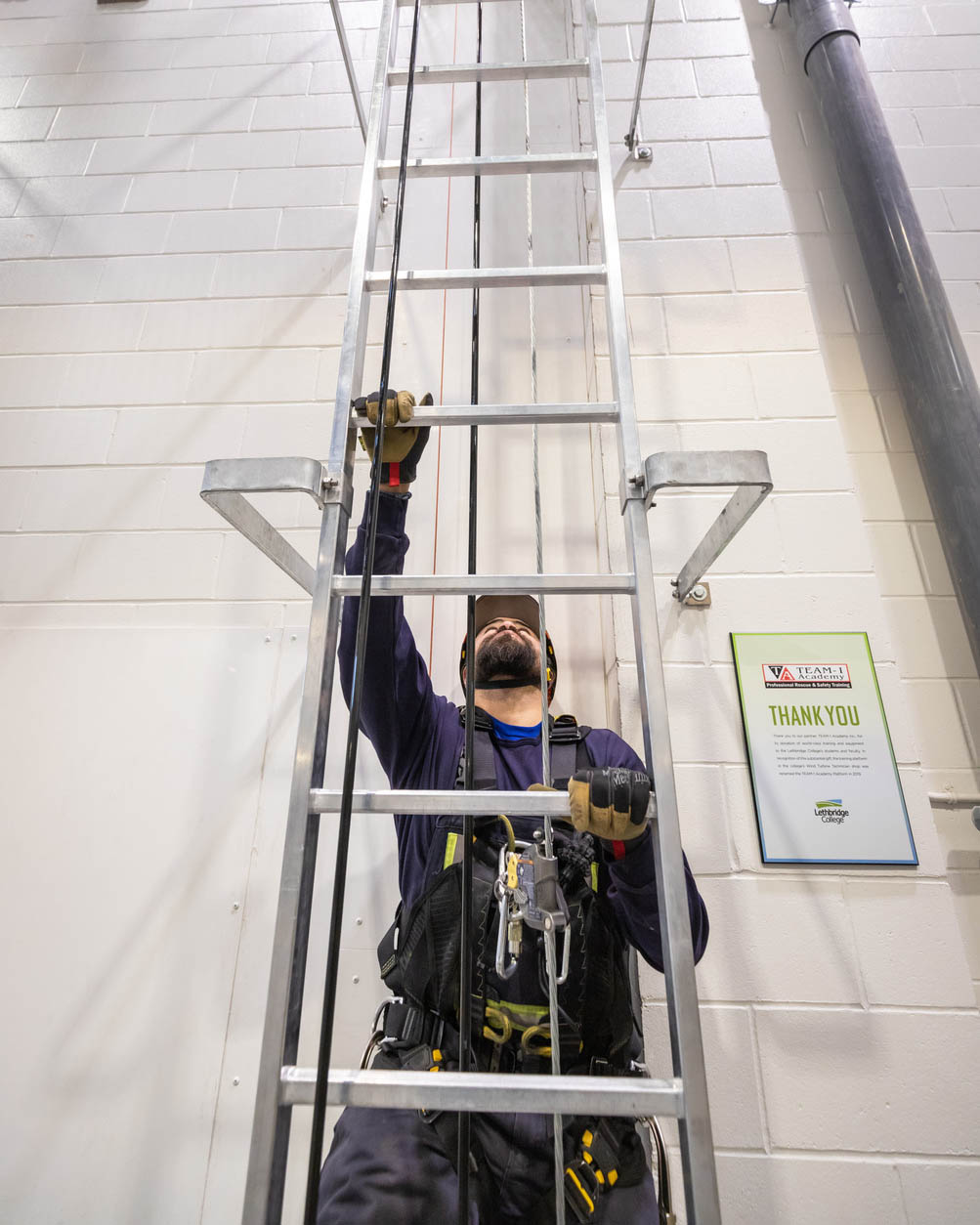 a man in blue coveralls climbs a training ladder along a wall