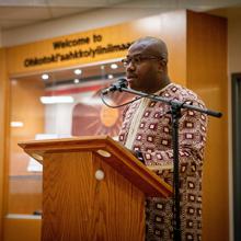 Lethbridge College instructor Ibrahim Turay speaks at the 2020 Black History Month celebrations.