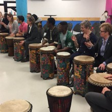 Members of the Lethbridge College community take part in a drumming demonstration as part of Black History Month celebrations in February 2018.