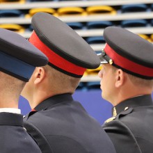 Cadets in uniform stand in a line during Lethbridge College's Police Cadet Graduation.