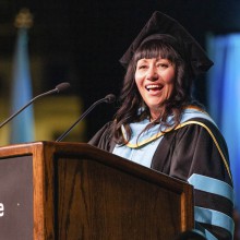 Dr. Samantha Lenci, interim President and CEO, speaks during Lethbridge College's Convocation ceremony.