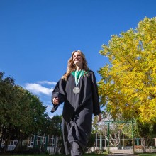 Lethbridge College Fall Convocation valedictorian Kyla Hornberger walks on the Lethbridge College campus.