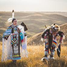 Torry Eagle Speaker and Punky Daniels dance on the coulees at Lethbridge College in October 2020.