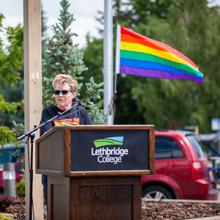 Lethbridge College President and CEO Dr. Paula Burns at the 2019 Pride flag raising.