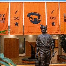 Orange "Every Child Matters" banners hang in Lethbridge College's Centre Core.